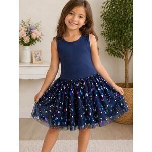 Truly Me Girls Tulle Dress Size 6X Navy Rainbow Heart Skirt Sleeveless Party